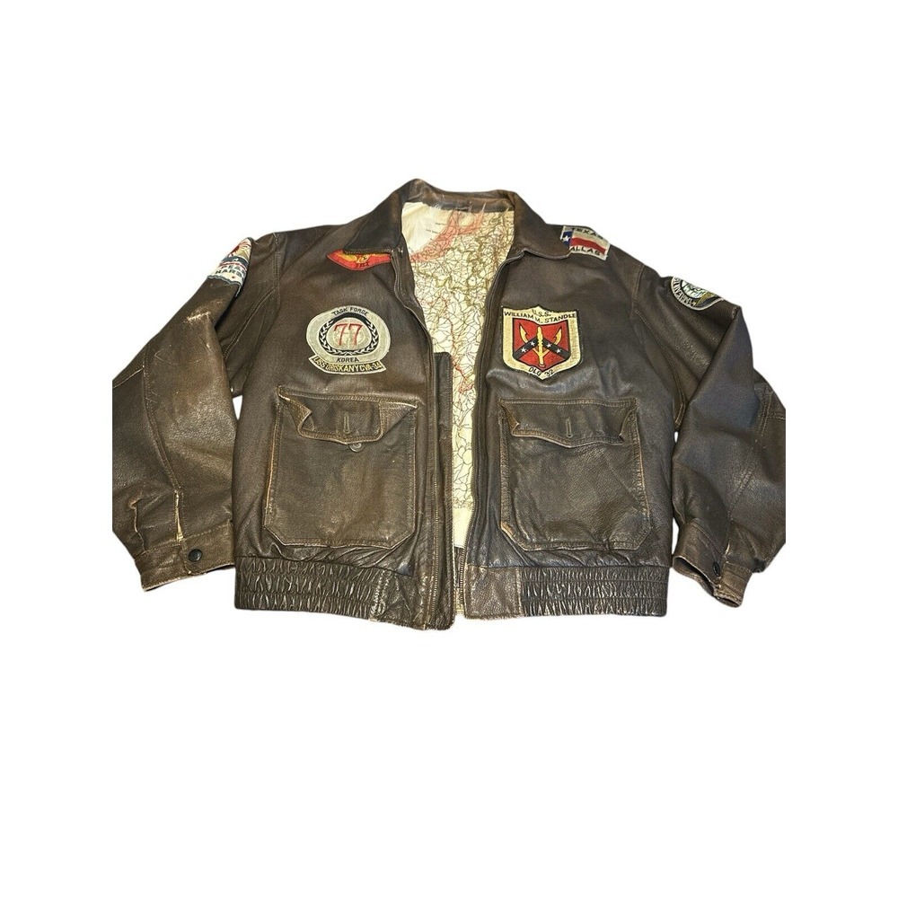 US NAVY Vintage Leather Jacket Flight Top Gun‎ Military Patches Men's Small